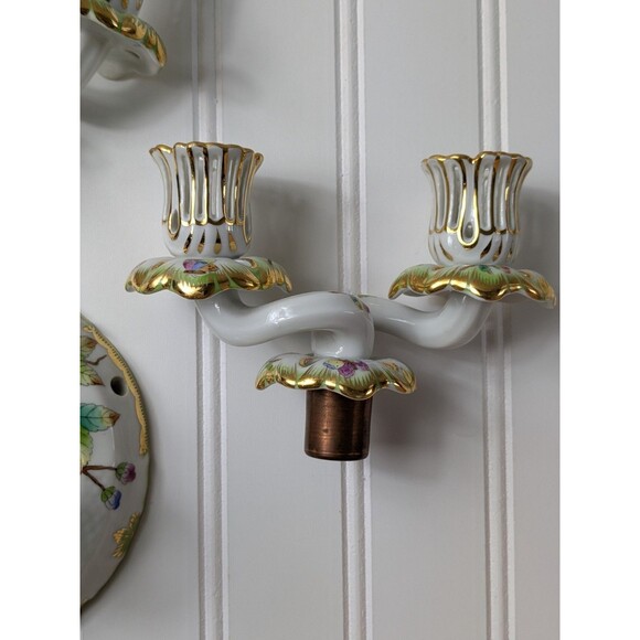 Herend Queen Victoria Green Border Double Candlesticks Set of 2 - Picture 8 of 16